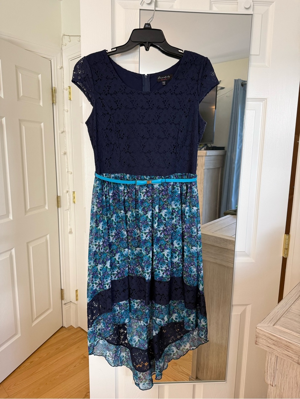 Navy Lace Bodice Blue Floral High-Low Dress